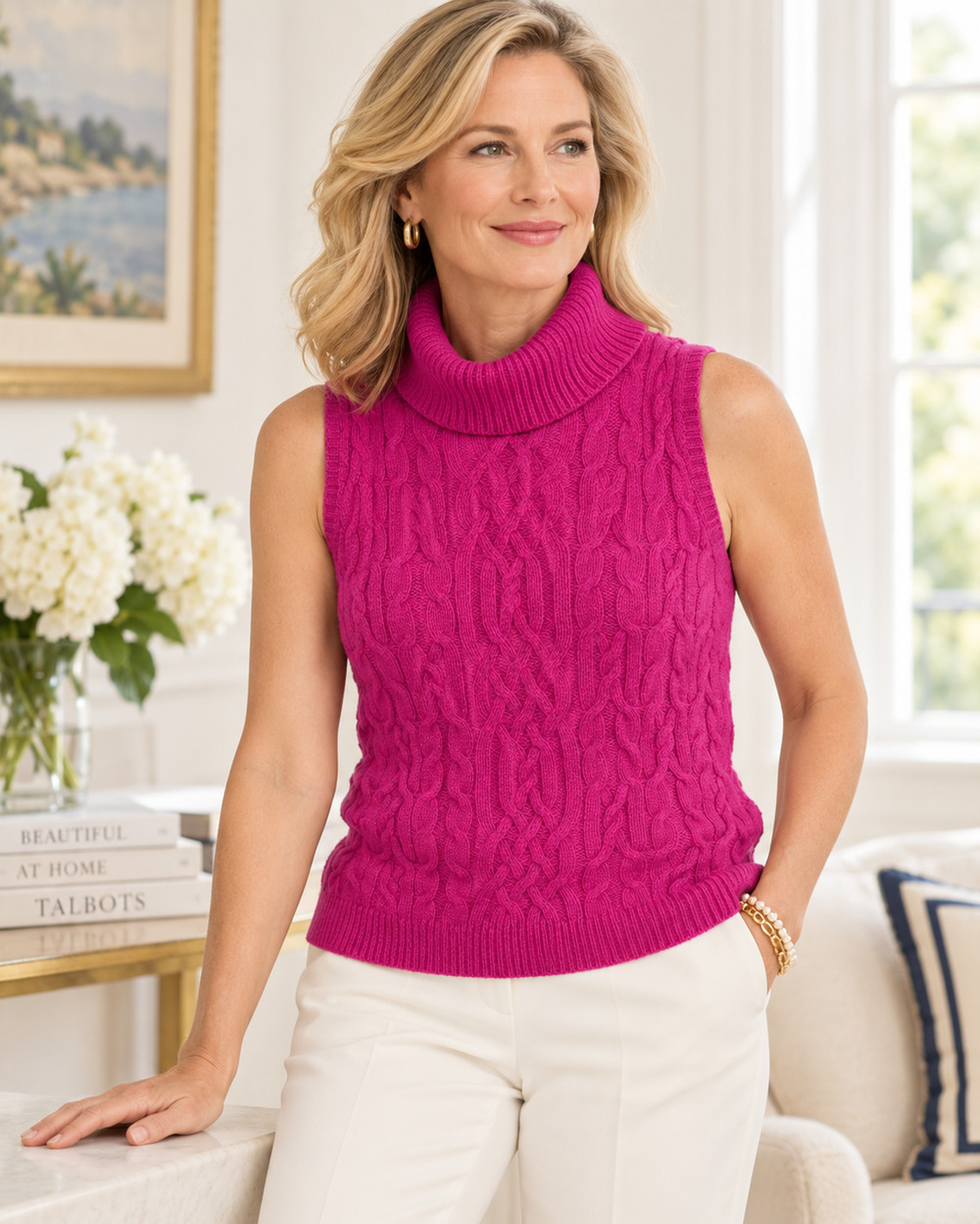 Talbots Womens Turtleneck Sweater Vest Large Wool Preppy Old Money Classic Chic